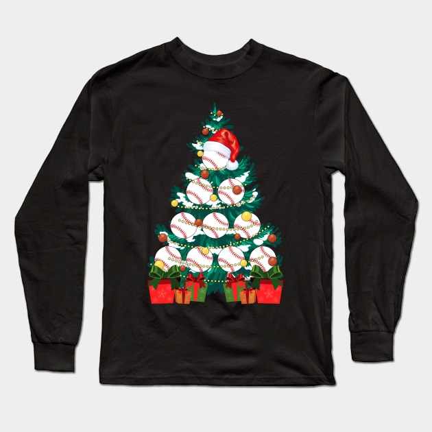 Baseball Lover Xmas Tree Lights Santa Baseball Christmas Long Sleeve T-Shirt by Happy Shirt